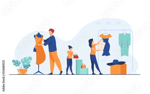 Designers organizing salesroom in boutique. People wrapping mannequin in fabric, hanging clothes and price on rack. Vector illustration for clothes production, fashion house, tailor shop concept