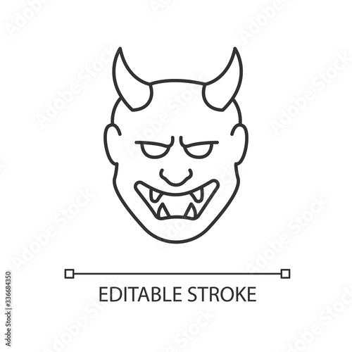 Japanese mask pixel perfect linear icon. Hannya face. Evil mythological creature from folklore. Thin line customizable illustration. Contour symbol. Vector isolated outline drawing. Editable stroke