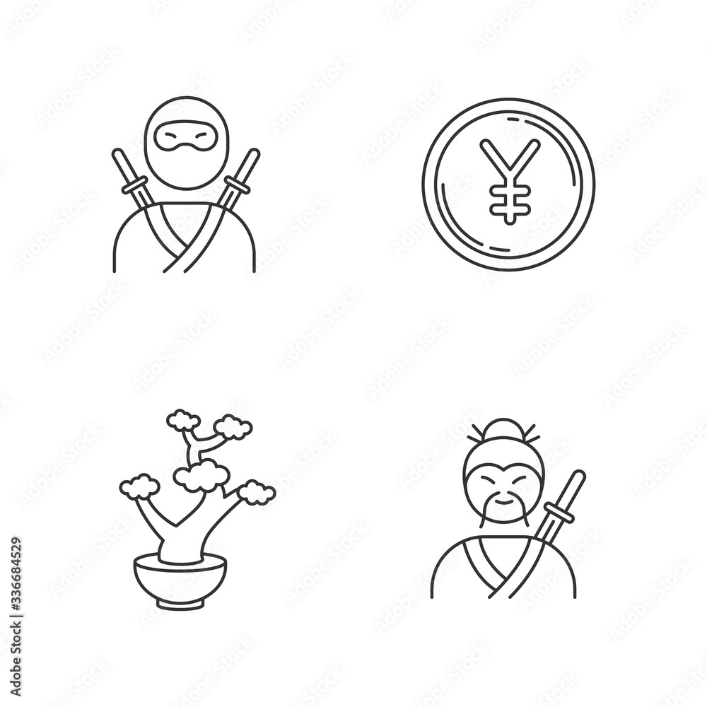 Japan pixel perfect linear icons set. Ninja warrior. Yen coin. Bonsai tree. Traditional japanese symbols. Customizable thin line contour symbols. Isolated vector outline illustrations. Editable stroke Japan pixel perfect linear icons set. Ninja warrior. Yen coin. Bonsai tree. Traditional japanese symbols. Customizable thin line contour symbols. Isolated vector outline illustrations. Editable stroke