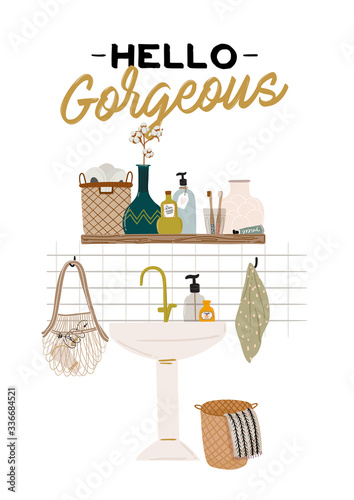 Stylish Scandinavian bathroom interior - bidet,tap, bath,toilet, sink,, home decorations. Cozy modern comfy apartment furnished in Hygge style. Vector illustration