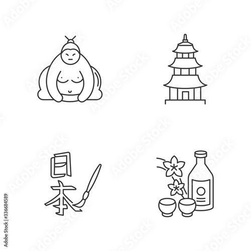 Japan pixel perfect linear icons set. Sumo fighter. Shintoism temple. Traditional japanese attributes. Customizable thin line contour symbols. Isolated vector outline illustrations. Editable stroke