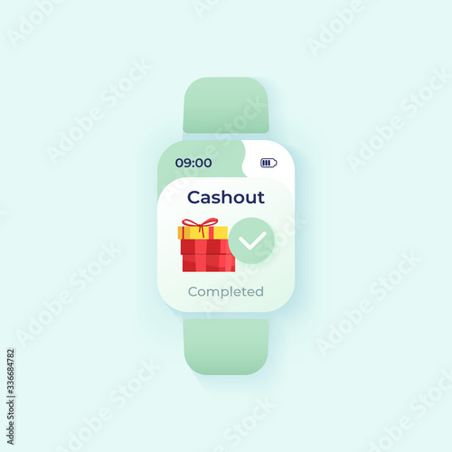 Cashout completed smartwatch interface vector template. Mobile app notification day mode design. Money transfer message screen. Flat UI for application. Gifts on smart watch display
