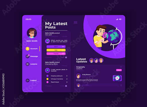 Internet teacher tablet interface vector template. Mobile app page night mode design layout. User profile screen. Flat UI for application. Educational posts, lesson updates on portable device display
