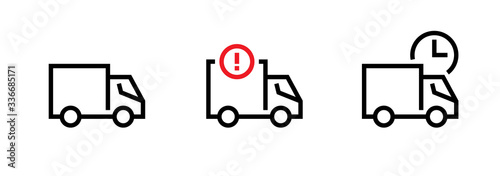 Set of blank, attention and waiting cargo delivery truck icons. Editable line vector.