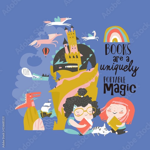 Cute girls reading fairy tale and dreaming