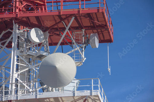 Detail of a telecommunication tower with directional mobile phone and internet antennas. Wireless communication equipment transmitter. 5G Technology.