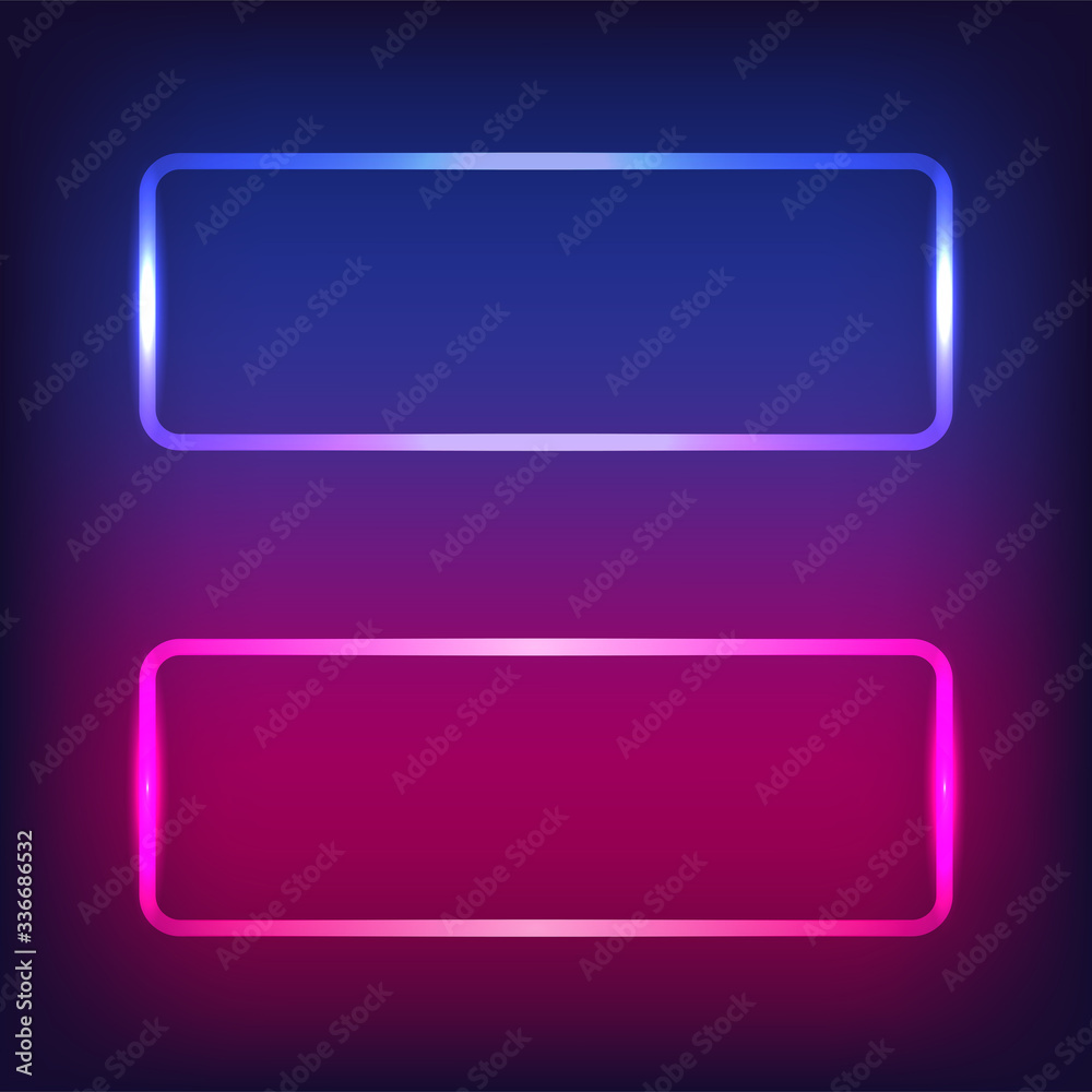 Neon sign.Rectangle glowing light banner with blank space. Electric rectangle frame on dark blue and pink background.Neon right-angled background with flares and sparkles. Vintage vector illustration Neon sign.Rectangle glowing light banner with blank space. Electric rectangle frame on dark blue and pink background.Neon right-angled background with flares and sparkles. Vintage vector illustration