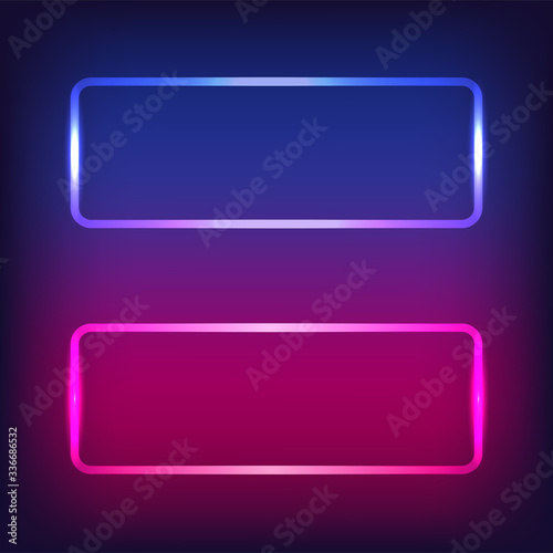 Neon sign.Rectangle glowing light banner with blank space. Electric rectangle frame on dark blue and pink background.Neon right-angled background with flares and sparkles. Vintage vector illustration