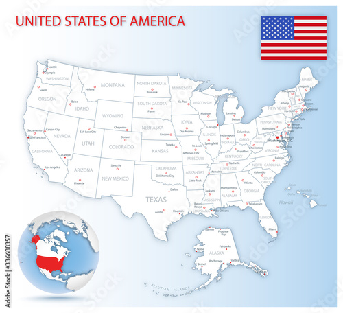Detailed United States of America administrative map with country flag and location on a blue globe. Vector illustration