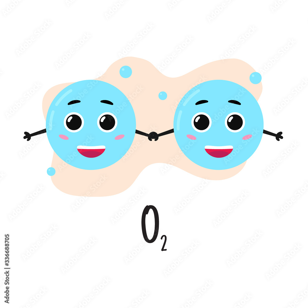 Structure of oxygen molecule. Cartoon character. Study of chemistry