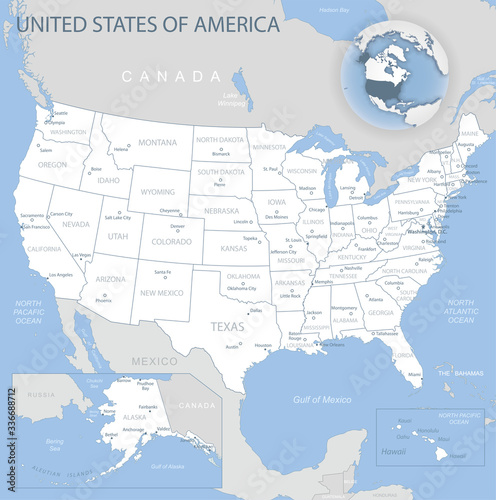 Blue-gray detailed map of USA and administrative divisions and location on the globe. Vector illustration