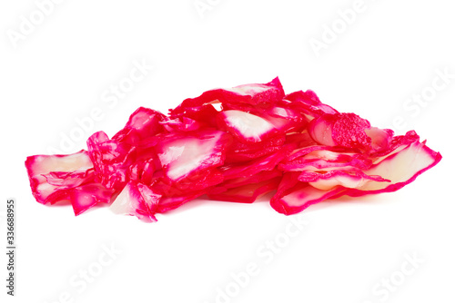 Cabbage slices pickled wit red beet isolated on white background