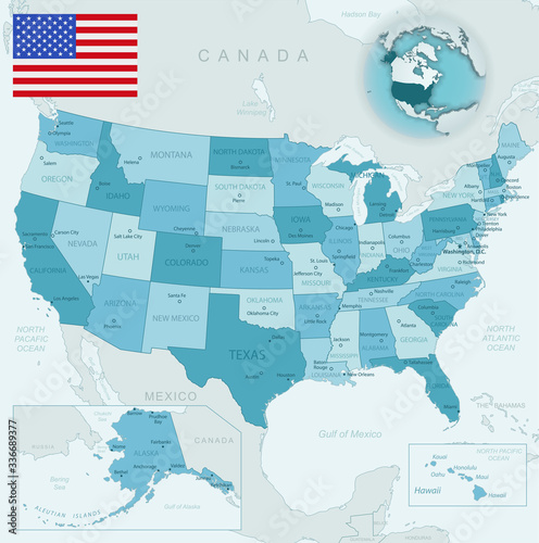 Blue-green detailed map of USA and administrative divisions with country flag and location on the globe. Vector illustration