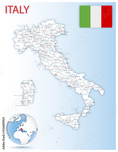 Detailed Italy administrative map with country flag and location on a blue globe. Vector illustration