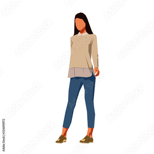 Young woman standing in jeans and shirt, flat design isolated vector illustration