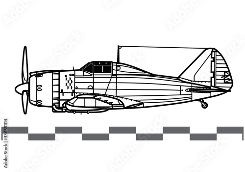 Reggiane Re.2002 Ariete. World War 2 combat aircraft. Side view. Image for illustration and infographics.