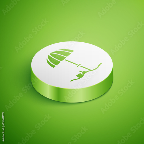 Isometric Sun protective umbrella for beach icon isolated on green background. Large parasol for outdoor space. Beach umbrella. White circle button. Vector Illustration