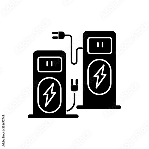 Power recharge terminal flat design long shadow glyph icon. Service kiosk to charge vehicle. Accumulator for alternative fuel supply. Silhouette symbol on white space. Vector isolated illustration