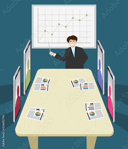 Business man point graph on board to show to others men via mobile phone , tele conference for work at home concept.