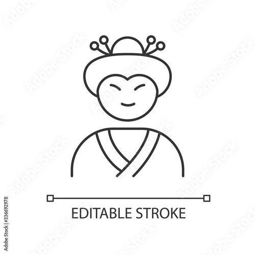 Geisha pixel perfect linear icon. Japanese woman in attire. Geiko with traditional hairstyle. Thin line customizable illustration. Contour symbol. Vector isolated outline drawing. Editable stroke