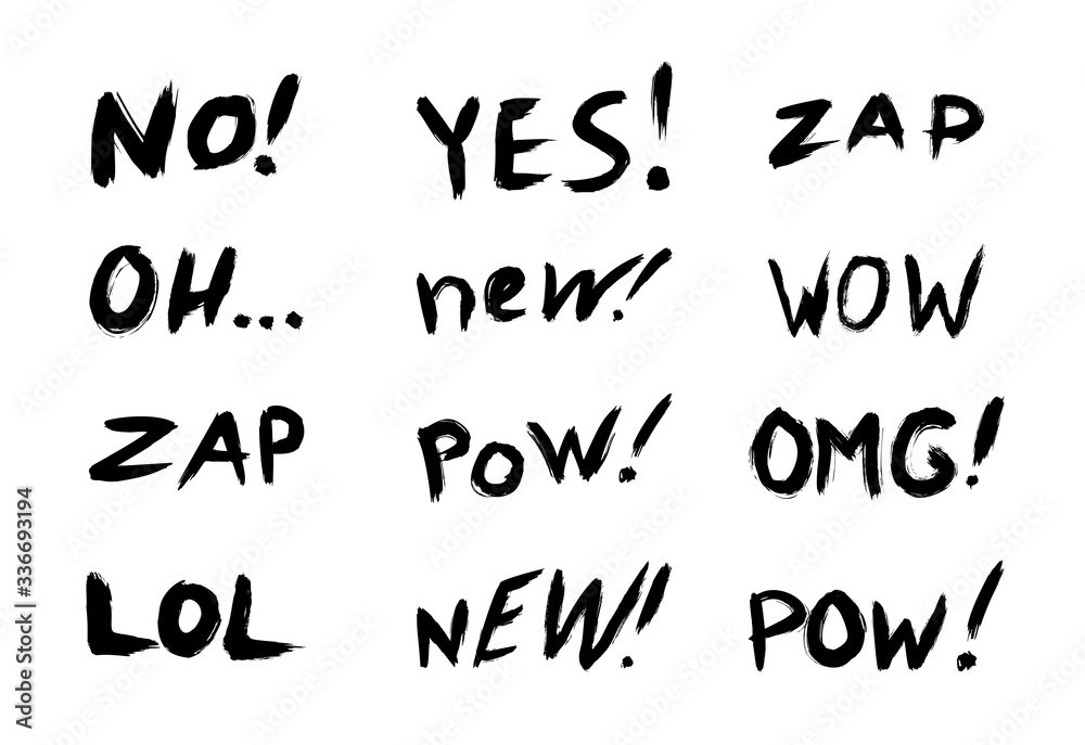 Vector collection of phrases, and comic words for sales, chats, and expressive messages. Set with black and white lettering on a white background. Vector collection of phrases, and comic words for sales, chats, and expressive messages. Set with black and white lettering on a white background.