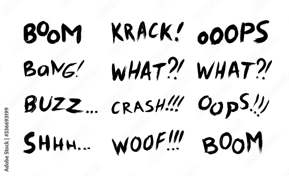 Vector collection of phrases, and comic words for sales, chats, and expressive messages. Set with black and white lettering on a white background. Vector collection of phrases, and comic words for sales, chats, and expressive messages. Set with black and white lettering on a white background.