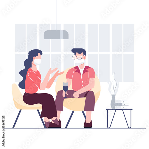 Group of people wearing masks gathering during coronavirus covid-19 outbreak. Social distancing concept. Health care and medical Flat character.