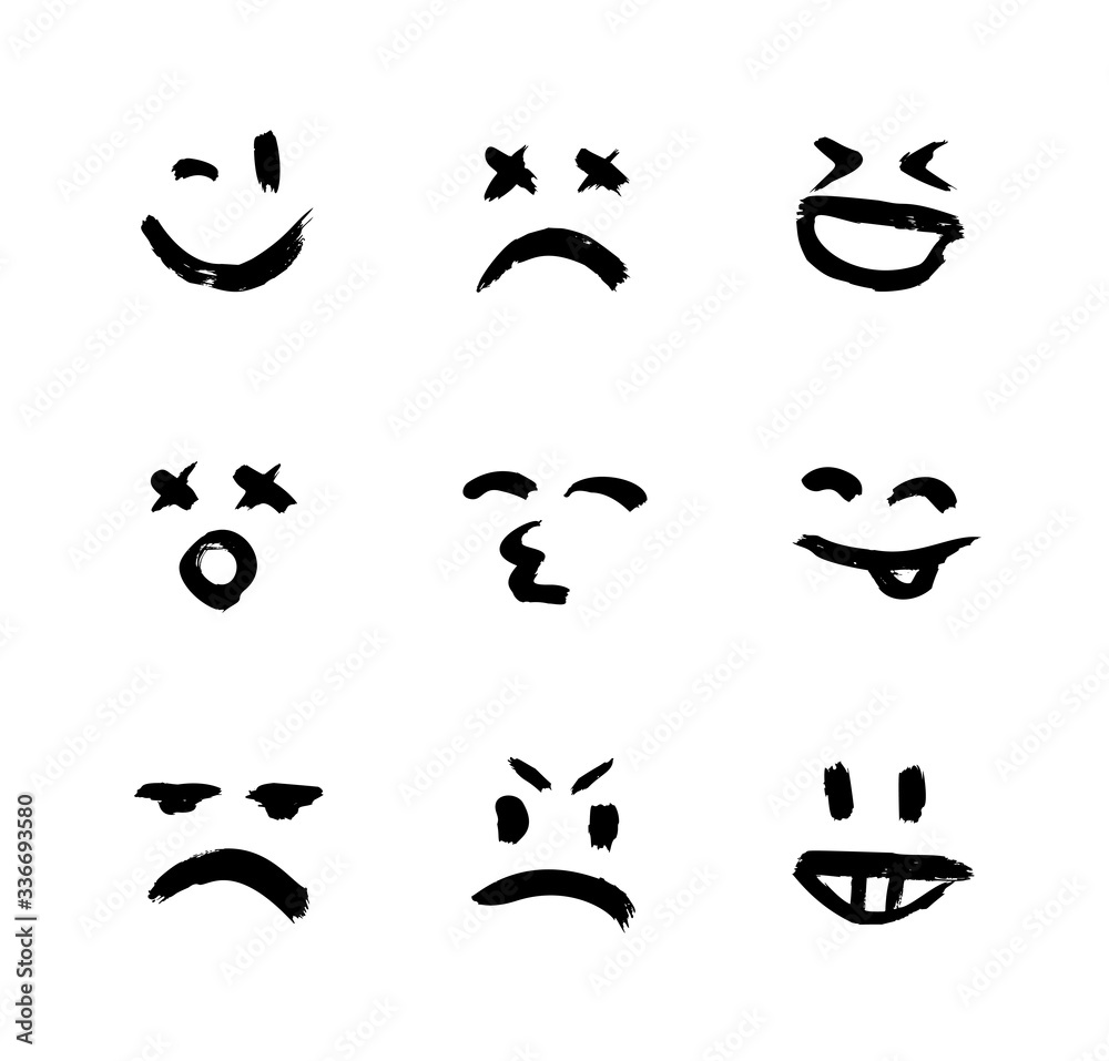 Set of vector emoticons, smiley, and mood expressions. Modern grunge and textured emoji looks like graffiti for any projects, prints, and web interfaces. Templates for your design. Set of vector emoticons, smiley, and mood expressions. Modern grunge and textured emoji looks like graffiti for any projects, prints, and web interfaces. Templates for your design.