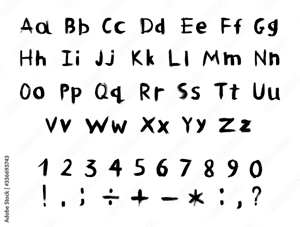 Vector set of textured and grunge letters, numbers and punctuation marks for your font. Alphabet with exclamation and question mark, plus, minus, colon, point, comma and other signs. Handwritten ABC.