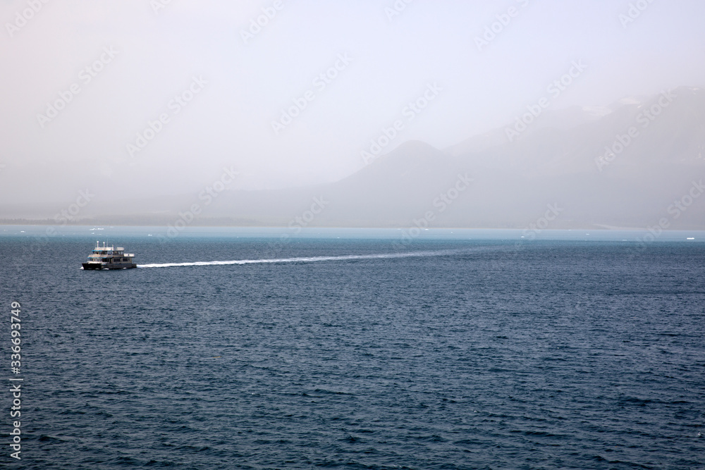 Hubbard Glacier, Alaska / USA - August 08, 2019: View from ship cruise deck near hubbard glacier, Seward, Alaska, USA Hubbard Glacier, Alaska / USA - August 08, 2019: View from ship cruise deck near hubbard glacier, Seward, Alaska, USA
