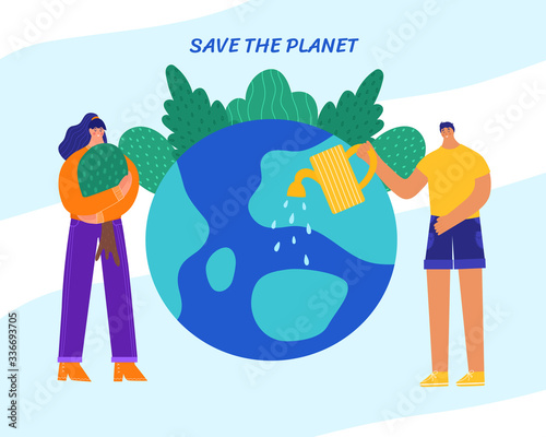 People care for the planet. Save the planet concept.Vector illustration.