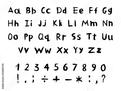 Vector set of textured and grunge letters, numbers and punctuation marks for your font. Alphabet with exclamation and question mark, plus, minus, colon, point, comma and other signs. Handwritten ABC.