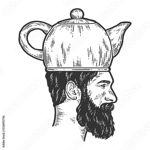 Man with kettle teapot hat engraving. Sketch scratch board imitation.