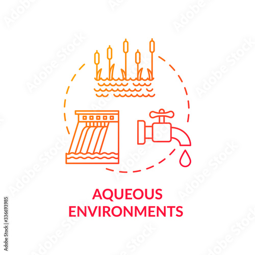 Aqueous environments red concept icon. Microorganism transmission through liquid. Pond and dam. Bodies of water idea thin line illustration. Vector isolated outline RGB color drawing