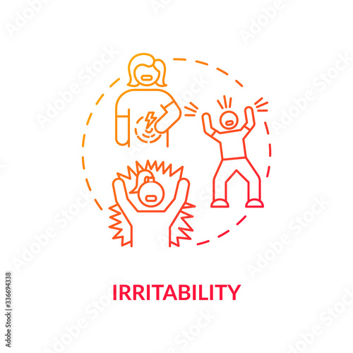 Irritability red concept icon. Stress and anxiety. Furious girl. Frustrated employee. Angry person. Rotavirus symptom idea thin line illustration. Vector isolated outline RGB color drawing