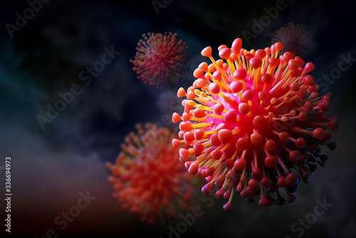 Fotografie 3D render of pathogenic coronavirus organism infecting and causing disease , Cov