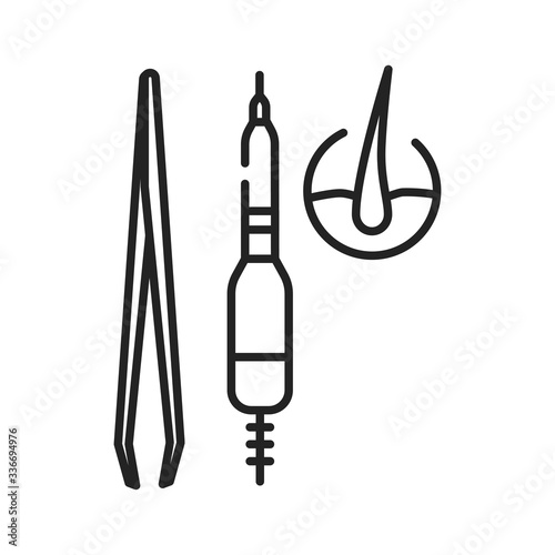 Fue hair loss treatment black line icon. Include medications, surgery to promote hair growth and slow hair loss. Alopecia. Pictogram for web page, mobile app, promo. Editable stroke.