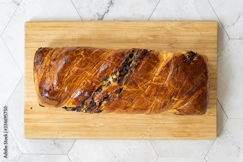 Sweet Homemade Chocolate Babka Bread Cake / Cozonac Swirl Sourdough Brioche. photo