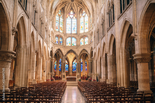 Paris, colorful stained glass windows in the Saint-Severin church