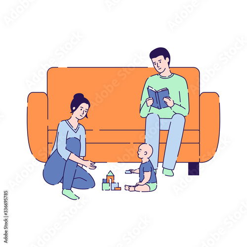 Quarantine vector illustration. Stay at home. Mother play with child, father reading book. Global viral epidemic or pandemic. Isolated cartoon character on a white background.