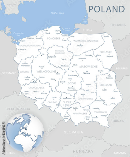 Fototapeta Naklejka Na Ścianę i Meble -  Blue-gray detailed map of Poland and administrative divisions and location on the globe. Vector illustration