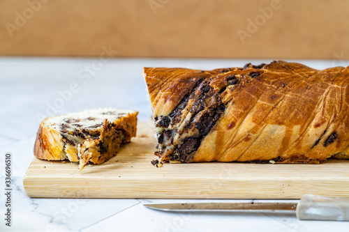 Sweet Homemade Chocolate Babka Bread Cake / Cozonac Swirl Sourdough Brioche.