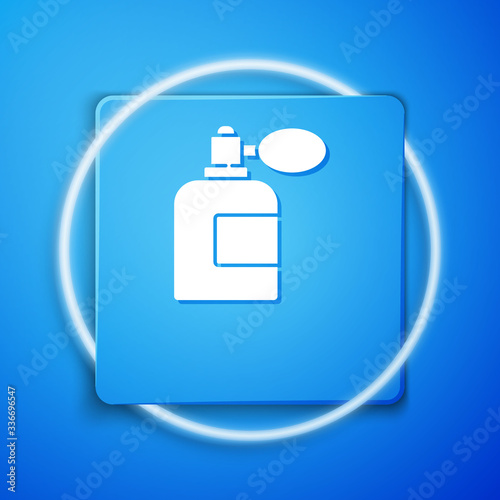 White Aftershave bottle with atomizer icon isolated on blue background. Cologne spray icon. Male perfume bottle. Blue square button. Vector Illustration