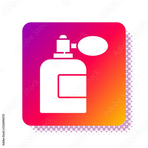White Aftershave bottle with atomizer icon isolated on white background. Cologne spray icon. Male perfume bottle. Square color button. Vector Illustration