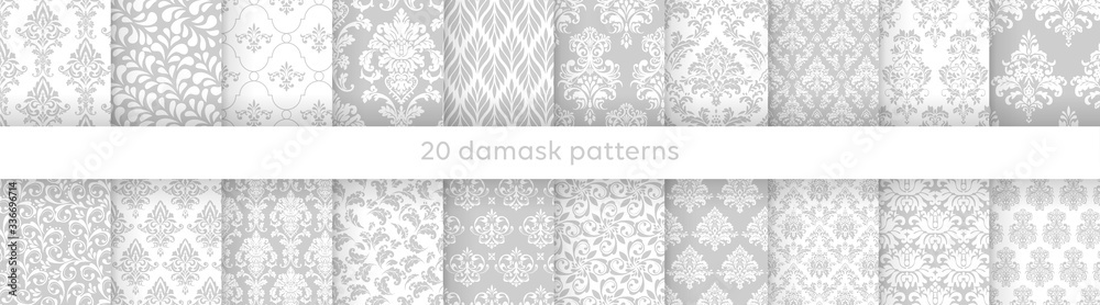 Big set of vector elegant damask patterns. Vintage royal patterns with a label. Seamless vector patterns.