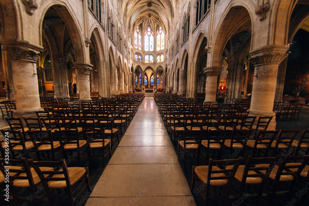 Paris, colorful stained glass windows in the Saint-Severin church