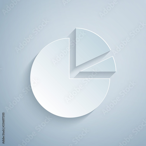 Paper cut Pie chart infographic icon isolated on grey background. Diagram chart sign. Paper art style. Vector Illustration