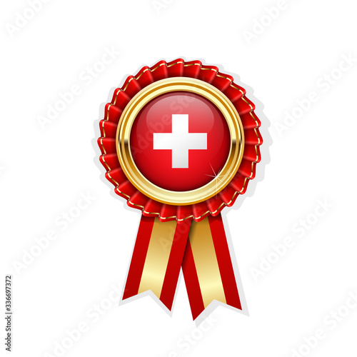 Red rosette with Switzerland flag in gold badge, Swiss award or quality symbol