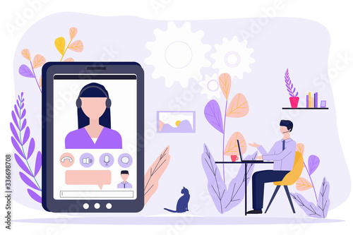 Man sitting at home, chatting to colleague with video calling. Concept Freelance, remote work, teleworking, quarantine. Video conference, meeting. Vector for web banner, social media, landing page