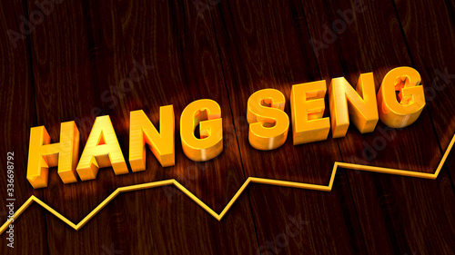Golden writing of the Hang Seng stock market index above a simple line chart- 3d illustration photo